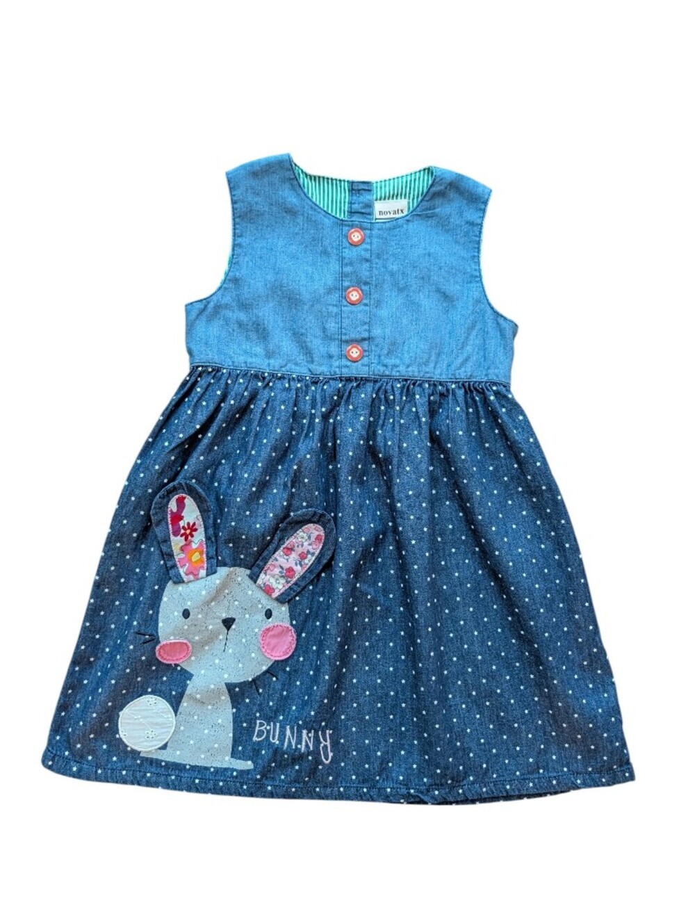 Novatx Girl Blue Star Print Short Sleeve Cotton Dress With Cute Bunny Size 5-6